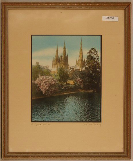 Wallace Nutting - Litchfield Minster: Circa 1930-35 Wallace Nutting hand-colored photo. English Cathedral scene. Original mat, pen signature & title. Est 13x16" original frame with original backing paper and still retaining its original C