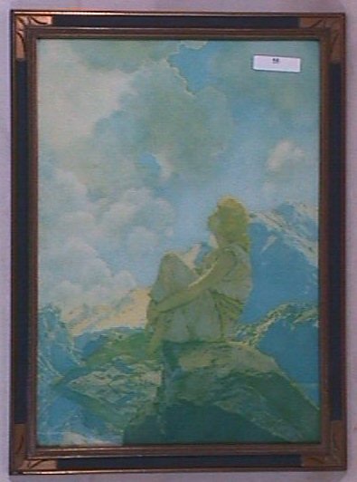 Maxfield Parrish - Morning: Circa 1922 Maxfield Parrish enchanted print. Est 11x15" print in original blue & gold frame."Reinthal & Newman NY" l/l. Original backing paper with original "Morning by Maxfield Parrish" Paper Label r