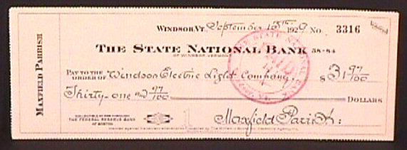 Maxfield Parrish - Signed Personal Check: Original 1929 Maxfield Parrish signed personal check. Written on his personal "Maxfield Parrish" account, this check for $31.97 was written to the "Windsor Electric Light Company" on September 13, 192