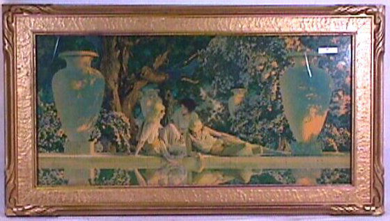 Maxfield Parrish - Garden of Allah: Circa 1918 Maxfield Parrish large format Enchanted print. Est 30x15" print in period gold frame."M P" l/r. Newer backing paper. 4.0 Grading with no stains or blemishes. YOU CAN BID ON THIS LOT WITH CO