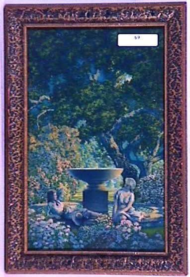 Maxfield Parrish - Reveries: Circa 1928 Maxfield Parrish Enchanted print. Original close-framed print is framed in a period 6.75x10 period frame having no backing paper. A small "Reveries" paper label still remains on the wood fr