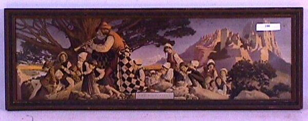Maxfield Parrish - The Pied Piper: Circa 1909 Maxfield Parrish enchanted print. Est 21x7" print in original frame. "The Pied Piper" l/c and "(c) Maxfield Parrish 1909" l/r. Original backing paper. 4.0 Grading with several extremely min