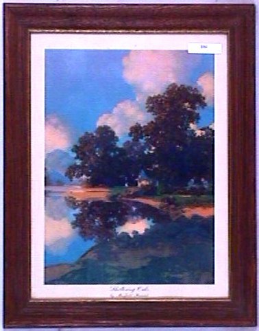 Maxfield Parrish - Sheltering Oaks: Circa 1970's Maxfield Parrish Kaplan landscape print. Est 11x14" print in newer frame having no backing paper. 2.5 Grading with faint stain extending through left margin approximately 1" into the prin