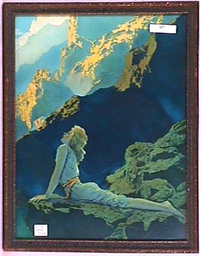 Maxfield Parrish - Wild Geese: Circa 1924 Maxfield Parrish Enchanted print. Original close-framed print is marked "© Reinthall & Newman NY". Est. 12x15" original blue & gold frame having no backing paper. 4.0 Grading. YOU CAN BID