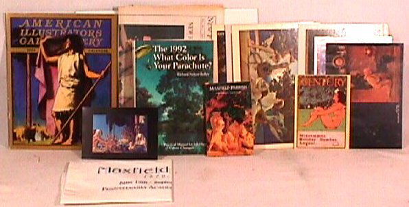 Maxfield Parrish - Lot of Reference Material: This lot includes an assortment of contempory Maxfield Parrish items including: 1993 Pocket Calendar, 1992 What Color Is Your Parachute, May '95 NH Antiques Monthly, 1999 MP Exhibition Plastic Bag, 6