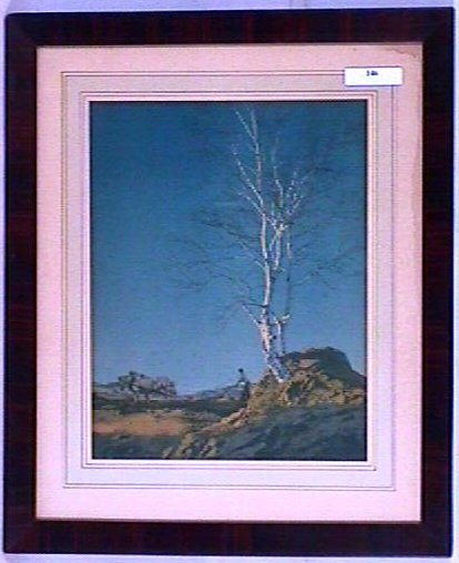 Maxfield Parrish - White Birch: Circa 1931 Maxfield Parrish Landscape print with Man and Horses. Est. 9x11" print is overmatted and framed within a 12x15" period frame having newer backing paper. 3.75 Grading with blemish-free print