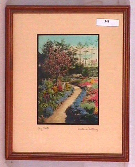 Wallace Nutting - Joy Path: Circa 1930-35 hand-colored photo. Foreign Garden scene. England. Original mat, pen signature and title. Est 9x11" original frame with newer backing paper having original Copyright Label preserved on t