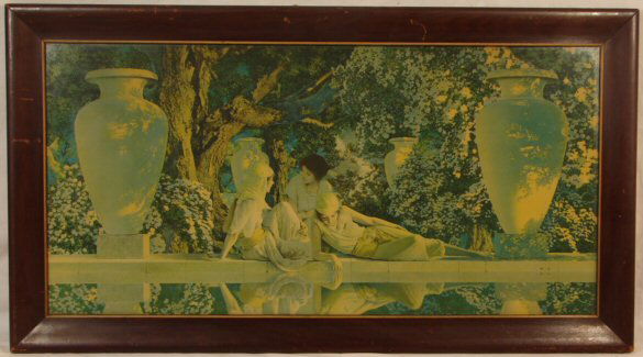 Maxfield Parrish - Garden of Allah: Circa 1918 Maxfield Parrish Enchanted art print. Est 30x15" original print in original mahogany frame. Older backing paper. 4.0 Grading with good color and in clean and unblemished condition.