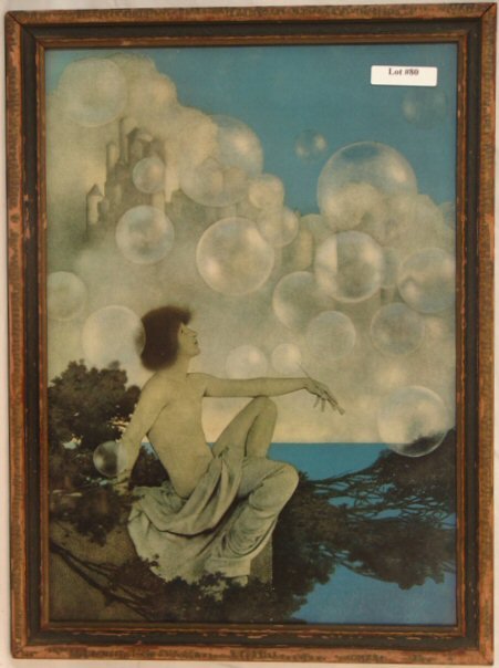 Maxfield Parrish - Air Castles: Circa 1904 Maxfield Parrish Enchanted art print. Est 12x16" original print in original frame and still retaining original "Air Castles" Paper Label on back of original backing paper. 4.0 Grading with