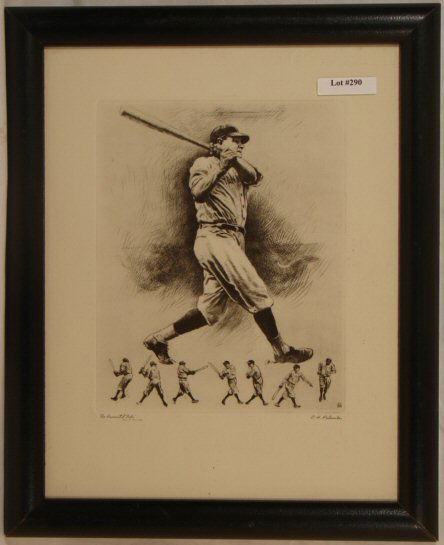 RH Palenske - Babe Ruth - The Immortal Babe: Original circa 1940 Brown & Bigelow print based upon an original etching by R.H. Palenske. Signed l/r and titled "The Immortal Babe, Idol of Millions" l/l". 11x14" in period frame and with newer backi