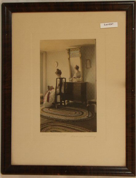 Wallace Nutting - Feminine Joys: Circa 1915-25 Wallace Nutting hand colored photo. Colonial Interior scene. New England. Original mat, pen signature, and title. Est 12"x16" original mahogany frame with no backing paper. 4.0 Grading w
