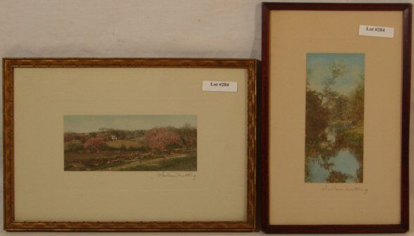 Wallace Nutting - Two Exterior Scenes: Lot of two circa 1915-25 Wallace Nutting hand colored photos. Both Untitled Exterior scenes with 12x8" and 7x11" original frames. Both with original mats and pen signatures. Both 4.0 gradings in clean