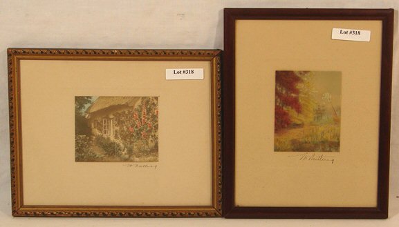Wallace Nutting - Two Exterior Scenes: Lot of two circa 1915-25 Wallace Nutting untitled hand colored photos. 1) "Hollyhock Cottage". 2) "A Leaf Strewn Brook". Both having 7x9" frames, with original mats, pen signatures, and titles. Both 4