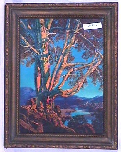 Maxfield Parrish - Evening Shadows: Circa 1940 Maxfield Parrish Landscape print. Also titled "The Old Birch Tree". Est 9x11" original frame with no backing paper. 2.75 Grading with extremely minor image crease u/l. Great color.