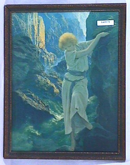 Maxfield Parrish - The Canyon: Circa 1924 Maxfield Parrish Enchanted art print. Est 12x15" original blue & gold frame with older, but not original, backing paper. 4.0 Grading, No stains or blemishes. Nice Color.