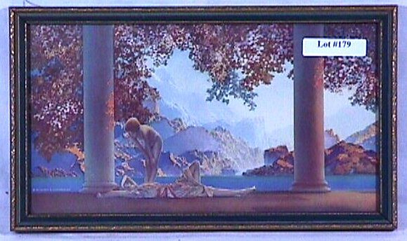 Maxfield Parrish - Daybreak: Circa 1923 Maxfield Parrish Reinthal & Newman Enchanted Art Print. Est 10x6" original frame with original backing paper which still retains its original "Daybreak by Maxfield Parrish" Paper Label. 4.0