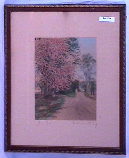 Wallace Nutting - June Joy: Unusual circa 1915-25 Wallace Nutting hand-colored photo. Exterior scene. Cuttingsville, Vermont. Original mat, pen signature & title. Est 13x16" original frame with original backing paper partially i