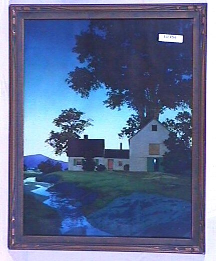 Maxfield Parrish - Twilight: Circa 1937 Maxfield Parrish Landscape print. Est 13x16" original blue & gold frame with original backing paper mostly intact. 4.0 Grading, No stains or blemishes. Great color.