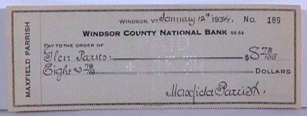 Maxfield Parrish - 1934 Check Signed by Maxfield P: Original Maxfield Parrish check #189, drawn on the Windsor County National Bank, and dated January 12th, 1934. The check is payable to "Glen Paries" in the amount of $8.78, and is signed by Maxfield P