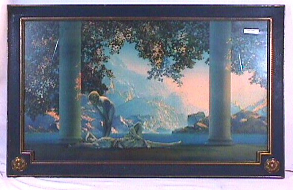 Maxfield Parrish - Daybreak - 30x18": Circa 1923 Maxfield Parrish large format Enchanted print. Signed l/c. Original ornate 30x18" blue and gold frame having gold rosettes on the l/l and l/r corners. No backing paper. 2.5 Grading with som