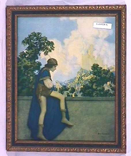 Maxfield Parrish - The Page: Circa 1925 Maxfield Parrish Enchanted art print. Est 10x12" original blue & gold frame with original backing. 4.0 Grading, No stains or blemishes. Nice Color.