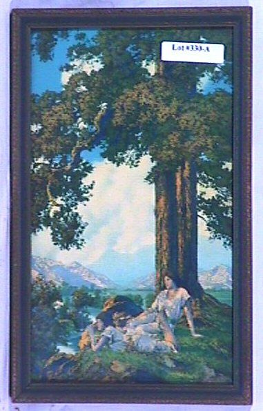 Maxfield Parrish - Hilltop: Circa 1927 Maxfield Parrish Enchanted art print. Est 6x10" original blue & gold frame with original backing paper mostly intact. 4.0 Grading, No stains or blemishes. Nice Color.