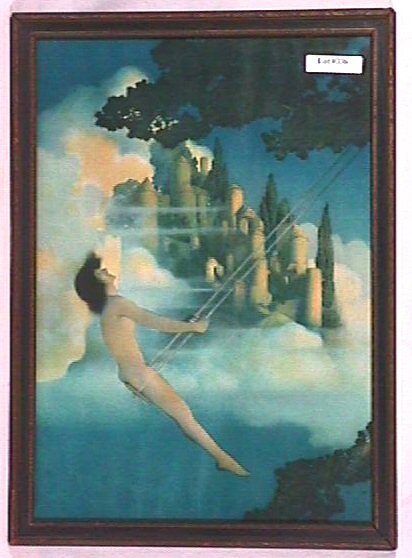 Maxfield Parrish - The Dinkey Bird: Circa 1905 Maxfield Parrish Enchanted art print. Est 11x15" original blue & gold frame with no backing paper. 2.75 Grading, No stains or blemishes, with extremely minor bottom rippling. Nice Color. Fr