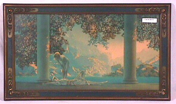 Maxfield Parrish - Daybreak: Circa 1923 Maxfield Parrish Enchanted art print. Est 18x10" original blue & gold frame with no backing paper. 4.0 Grading, No stains or blemishes.