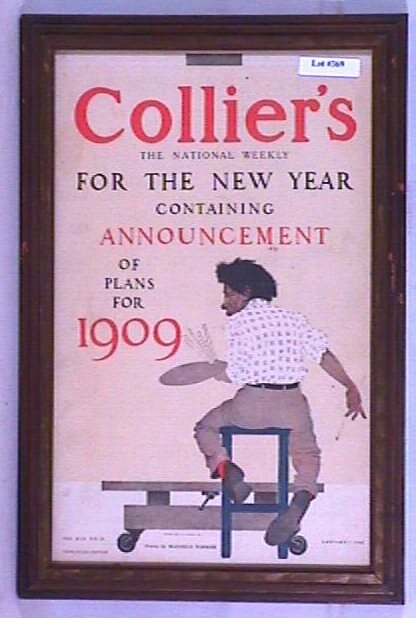 Maxfield Parrish - Framed 1909 Collier's Cover: Framed Maxfield Parrish January 2, 1909 Collier's magazine cover. "Drawn by Maxfield Parrish" l/c on image. Est 10x15" period frame with newer backing paper. 3.75 Grading with minor and normal aging.