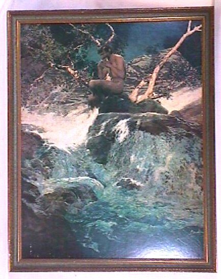 Maxfield Parrish - Errant Pan: Framed Maxfield Parrish 1970's Portal Publications print. Est 23x29" original frame with no glass and original backing paper. 2.75 Grading with some image blemishes.