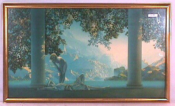 Maxfield Parrish - Daybreak - Large 30x18": Circa 1922 Maxfield Parrish large format enchanted print. Est 30x18" newer frame with no backing paper. Good but slightly faded color, otherwise unblemished condition, and newer frame. YOU CAN BID ON