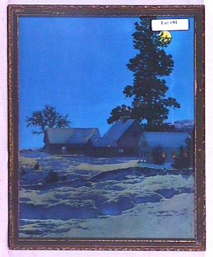 Maxfield Parrish - Silent Night: Circa 1945 Maxfield Parrish winter landscape print. Also goes by the title "Lights of Home". Est 9x11" period frame with no backing paper. Good color, unblemished condition with some minor and very no