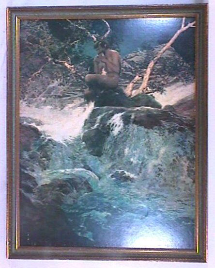 Maxfield Parrish - Errant Pan: Framed Maxfield Parrish 1970's Portal Publications print. Est 23x29" original frame with no glass and original backing paper. 2.75 Grading with some image blemishes. YOU CAN BID ON THIS LOT WITH CONFI