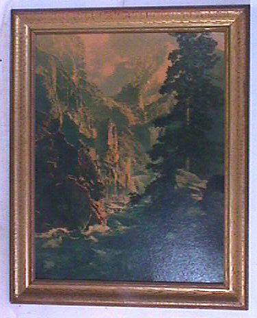 Maxfield Parrish - Royal Gorge: Maxfield Parrish enchanted print. Est 16x20" textured print in period frame with no glass, and having older backing paper. Slightly faded color having several minor touch-ups and period frame. YOU CAN