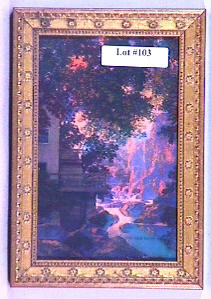 Maxfield Parrish - The Old Glen Mill: Circa 1954 Maxfield Parrish Brown & Bigelow landscape print. Est 4x6" original print in newer frame having newer backing paper. 4.0 Grading in nice & clean condition. YOU CAN BID ON THIS LOT WITH CONF