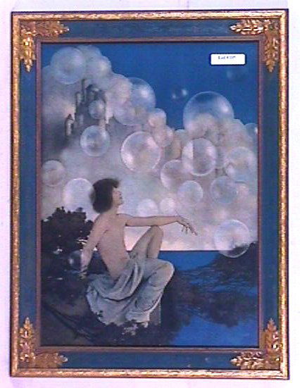 Maxfield Parrish - Air Castles: Circa 1904 Maxfield Parrish Enchanted print. Est 12x16" original print in original blue & gold ornate frame. Some original backing paper remains with its original "Air Castles by Maxfield Parrish" Pap