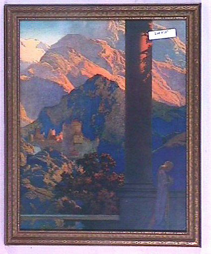Maxfield Parrish - Romance: Circa 1925 Maxfield Parrish enchanted Knave of Hearts (hard bound edition) print. Est 11.5x14" print in period frame (which matches the frame in Lot #106) and having newer backing paper. Great color w