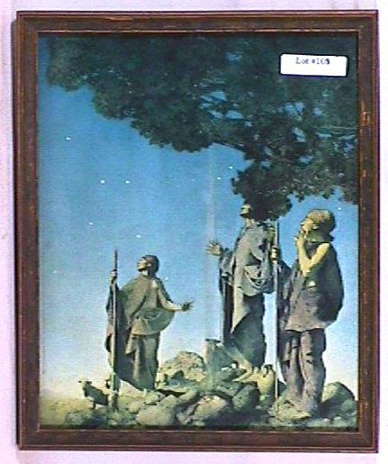 Maxfield Parrish - Three Shepherds - Christmas: Circa 1904 Maxfield Parrish Golden Treasury of Songs & Lyrics Print. Est 9x11" period frame with original backing paper preserved with tape. 4.0 Grading with good color and nice period frame. YOU CAN