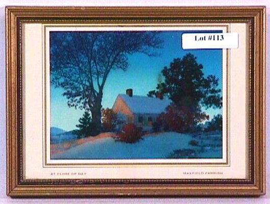 Maxfield Parrish - At Close of Day - Xmas Card: Circa 1950's Maxfield Parrish "At Close of Day" framed Christmas Card. Signed "Maxfield Parrish" l/r and "At Close of Day" l/l. Est 7.5x5.5" period frame with newer backing paper. 4.0 Grading with goo