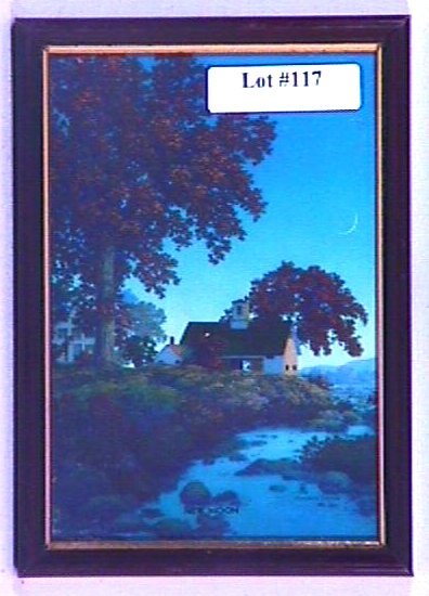 Maxfield Parrish - New Moon: Circa 1964 Maxfield Parrish Brown & Bigelow landscape print. Est 4x6" original print in period frame having newer backing paper. Titled l/c on the print. 4.0 Grading in nice & clean condition. YOU CAN