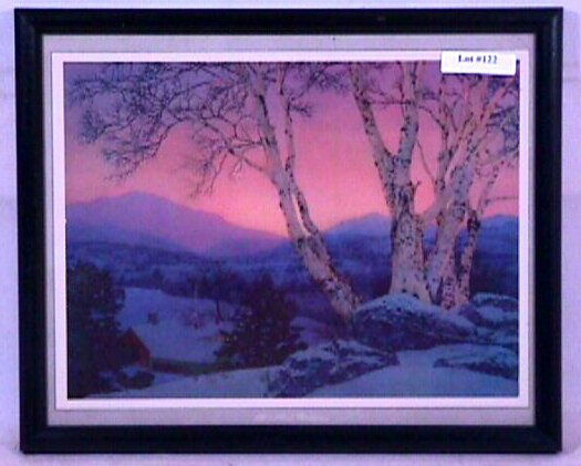 Maxfield Parrish - Christmas Morning: Circa 1950's Maxfield Parrish winter landscape print. Signed "Maxfield Parrish" l/l and titled l/c. Probably a Brown & Bigelow calendar print. Est 11x8.5" original print is framed in 12x10" period fra