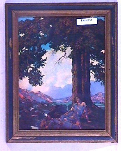 Maxfield Parrish - Thy Woods and Templed Hills: Circa 1942 Maxfield Parrish Thomas D Murphy enchanted calendar print. Est 8x10" original print in period blue & gold frame having newer backing paper. Titled l/c and "Maxfield Parrish" and "House of A