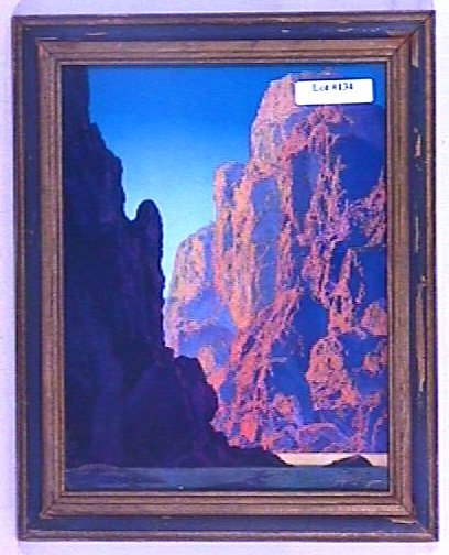 Maxfield Parrish - Rock of Ages - Salesman's Sampl: Circa 1939 Maxfield Parrish Thomas D Murphy enchanted calendar print. Est 8x10" original print in period blue & gold frame having newer backing paper. Text on back of print indicates that it is a sale