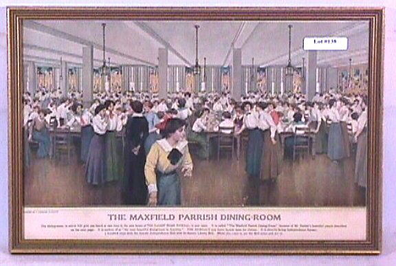 Maxfield Parrish - The Maxfield Parrish Dining Roo: Circa 1925 Maxfield Parrish print. Est 15x10" period frame with newer backing paper. 2.75 Grading with good color and nice period frame. There is some very minor image scratching l/c. YOU CAN BID ON T