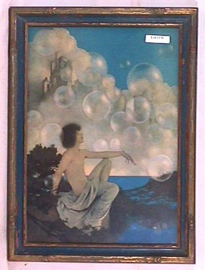 Maxfield Parrish - Air Castles: Circa 1904 Maxfield Parrish Enchanted print. Est 12x16" original print in original blue & gold frame. Original backing paper has been preserved with tape. 4.0 Grading with nice, clean and unblemished