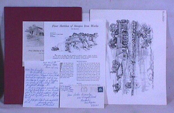 Wallace Nutting - Saugus Iron Works Print Portfoli: This lot feature a circa 1970's portfolio of 4 Saugus Iron Works prints based upon the original artwork by Charles H Overly. Est. 11x15". This lot also includes the original hand-written correspondenc