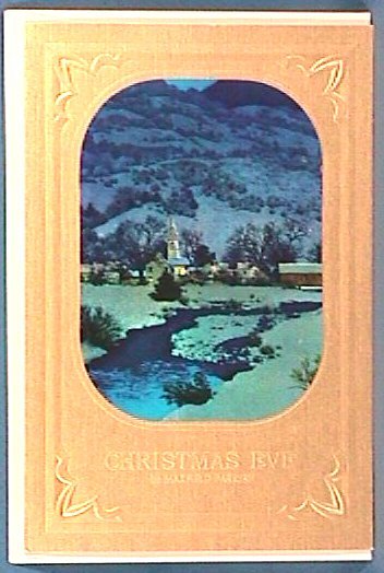 Maxfield Parrish - Xmas Eve Card: Maxfield Parrish - Xmas Eve Card Circa 1950's Maxfield Parrish Christmas Card with Winter Scene. "Christmas Eve, by Maxfield Parrish" impressed beneath image. Est. 5x8". Includes original envelope. 4.