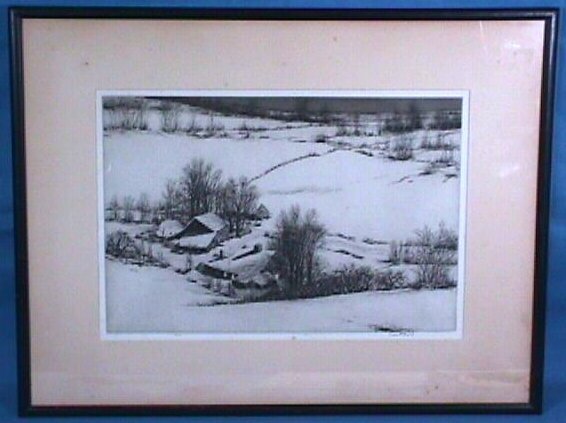 Kerr Eby - Still Hollow Etching: Kerr Eby - Still Hollow Etching Original early 20th c. etching by Kerr Eby titled "Still Hollow". Pencil signed "Kerr Eby" l/r and "Ed 100" l/l. An original Frederick Keppel Co. label on the original