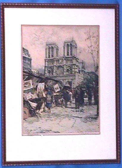 Luigi Kasimir - Bouguinists: Luigi Kasimir - Bouguinists Circa 1940's machine-produced European Street scene based upon an original etching by Luigi Kasimir. Est. 9x12 print is overmatted in an original 14x18" frame. Original bac