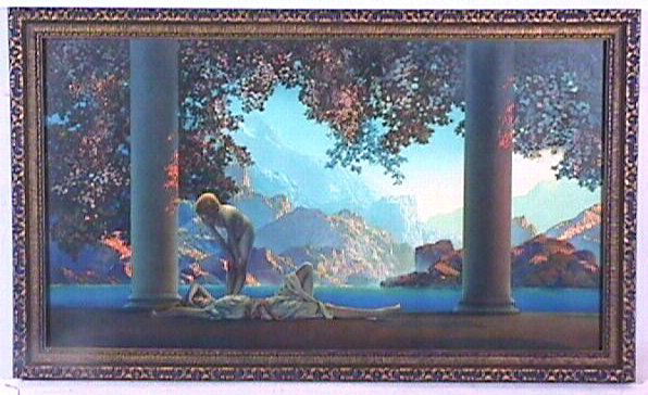 Maxfield Parrish - Daybreak: Circa 1923 Maxfield Parrish enchanted print. Est 18x10" original blue & gold frame."Maxfield Parrish" l/c. Older backing paper. 4.25 Grading with excellent color. Before bidding on this item you must